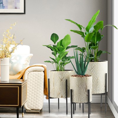 Set of 3 Gray and Gold Metal Cachepot Planters with Black Stands