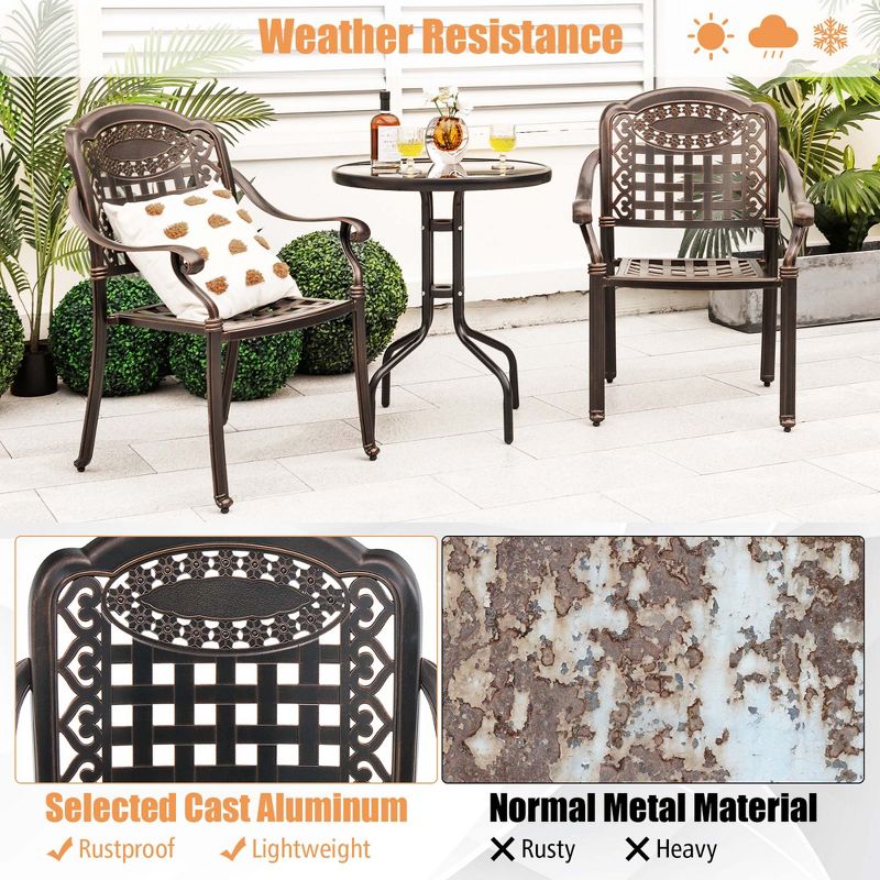 Costway 2pcs Patio Cast Aluminum Armrest Chairs Dining Stackable Outdoor Bronze/White, 5 of 9