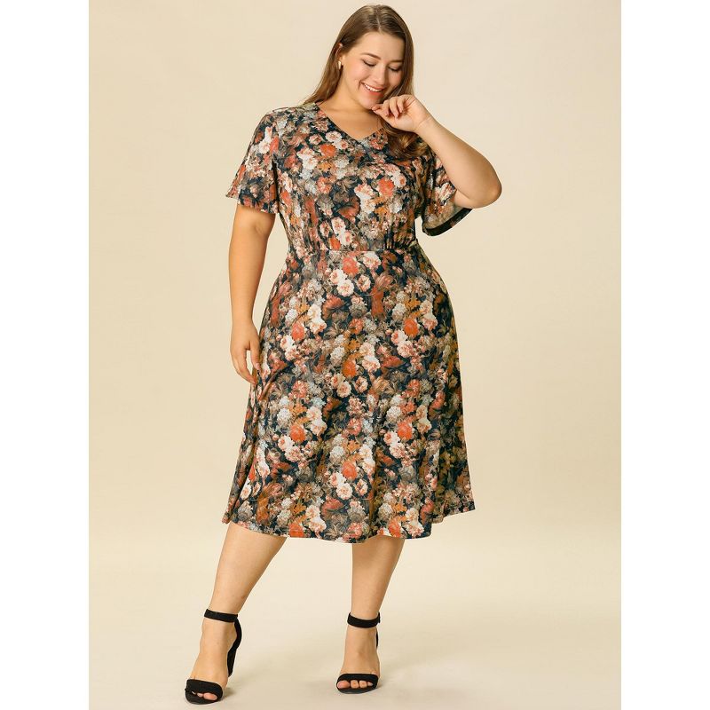 Agnes Orinda Women's Plus Size Regular Fit Elegant Short Sleeve Floral Pattern Dress, 3 of 8