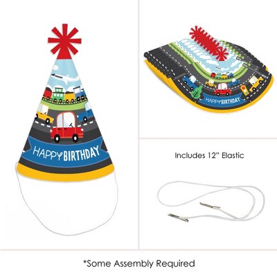 Colorful Transportation Theme Happy Birthday Party Hats for Kids and Adults - Set of 8