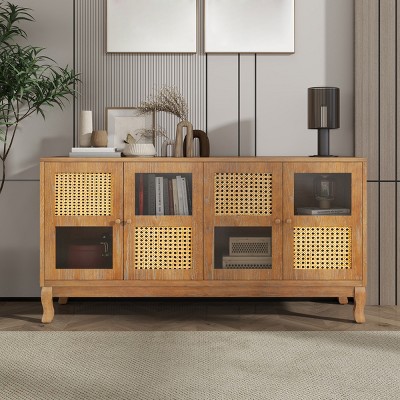 59" Sideboard Buffet Cabinet, Accent Storage Cabinet with Glass Doors, Wooden Coffee Bar Cabinet for Kitchen Living Room Hallway