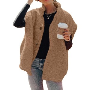 Imily Bela Womens Casual Button Down Fuzzy Fleece Vest - Oversized Warm Jacket with Pockets - 1 of 4