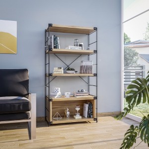 LeisureMod Etagere 4-Shelf Industrial Bookcase with Black Steel Frame and Melamine Shelves, Open Storage for Living Rooms, Offices, and Lounges - 1 of 4