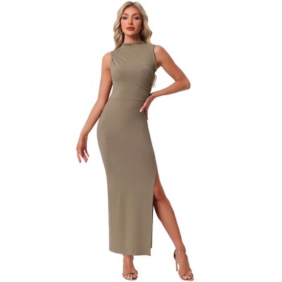 INSPIRE CHIC Women's Mock Neck Sleeveless Ruched Front Side Slit Party Bodycon Maxi Dress