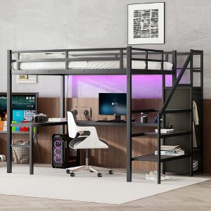 VYNXARIA Full XL Size Loft Bed with L-shaped Desk, Metal Loft Bed with Wardrobe and Adjustable Shelf for Kids Teens Adults, Black - 1 of 4