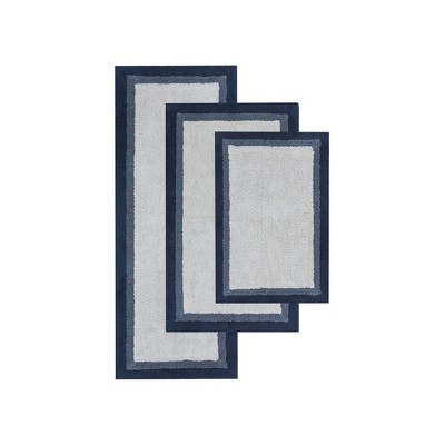 Gray and Navy Cotton Tufted Border Bath Rug