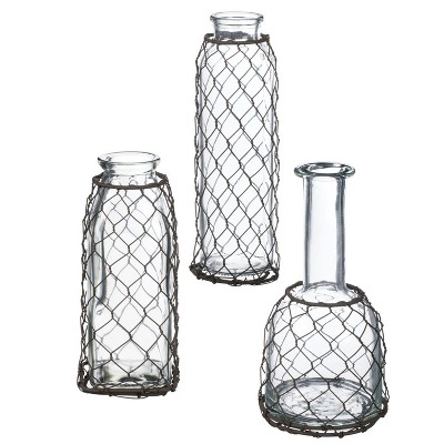 Sullivans Set of 3 Mesh Glass Bottle Vases 8"H, 7"H & 6.5"H Clear