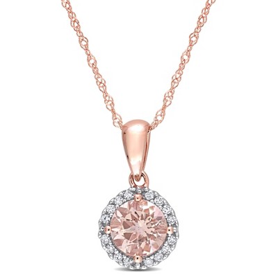 EVERLY JEWELRY | 10K Rose Gold 4/5 CT TGW Morganite and 1/10 CT TW Diamond Halo Necklace - 17 inch