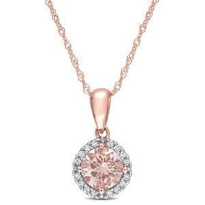 EVERLY JEWELRY | 10K Rose Gold 4/5 CT TGW Morganite and 1/10 CT TW Diamond Halo Necklace - 17 inch - 1 of 4