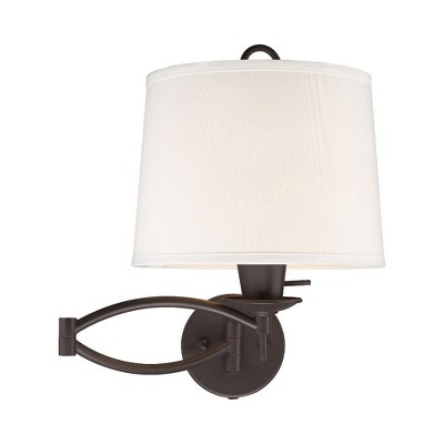 Transitional Bronze Swing Arm Wall Lamp with Off-White Linen Shade