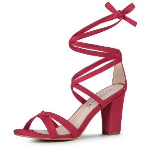 Allegra K Women's Open Toe Lace Up Strap High Block Heel Ankle Sandals - 1 of 4