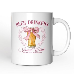 Beer Drinkers Social Club Mug, Coquette Pink Bow Gift for Girly Summer Bachelorette Vibes| OrnamentallyYou - 1 of 4