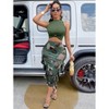 Mocamel Women's 2 piece Army Green, Round Neck Sleeveless Top And Back Split Ruffled Camouflage Skirt - 3 of 4