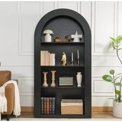 Vynxaria 78.74" Tall Mid-Century Arched Bookcase: 4-Tier Open Storage Shelf for Living Room/Bedroom, Black