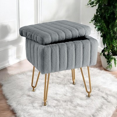 Alilang 15.90 inch Faux Fur Storage Ottoman with Gold Hairpin Legs-Gray