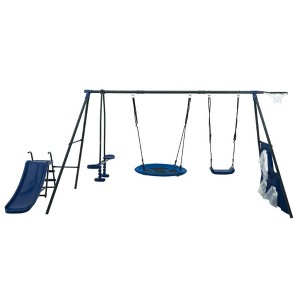 NAYSAYE Playground Slide Metal Swing Set with Net Swing and Mini Slide for Outdoor Backyard Fun, Gray and Blue, 53.55"*70.87"*81.79" - 1 of 4