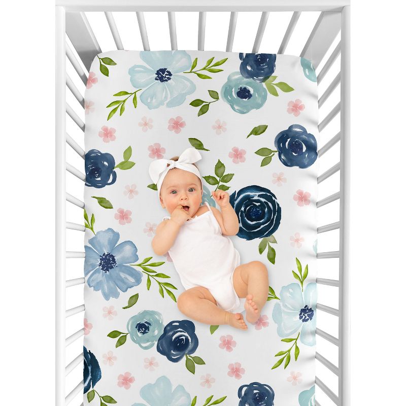 Sweet Jojo Designs Girl Baby Fitted Crib Sheet Watercolor Floral Blue Pink and Grey, 5 of 8