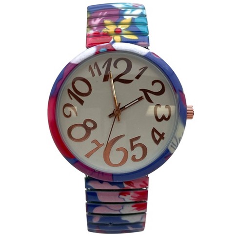 Olivia Pratt Colorful Floral Big Dial Easy Reader Watch Floral Elastic ...