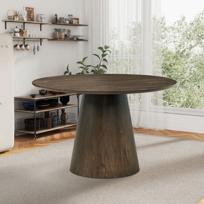 Round MDF Wooden Kitchen Table,4-6 Seater Dining Table With Cylindrical Base,Wooden Dining Table For Kitchen,Living Room-Coolbibila