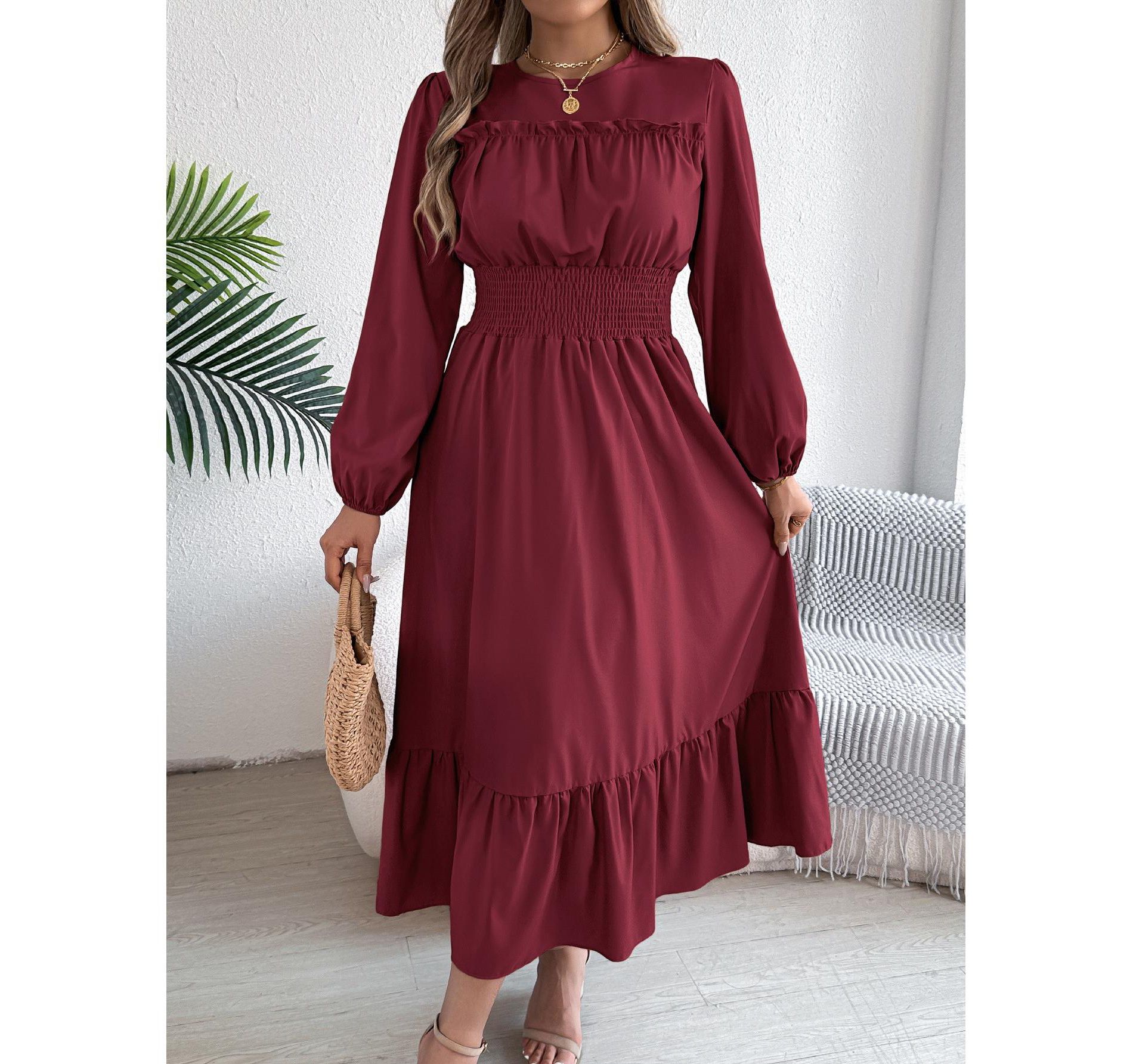 Clearlove Women's Long Sleeve Dress with Ruffle Accents & Defined Waist