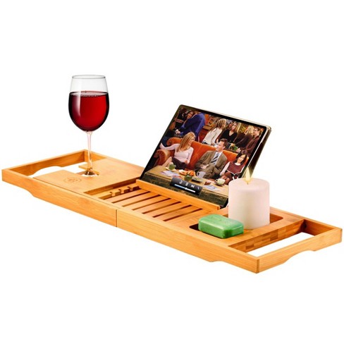 Bambüsi 100% Bamboo Bathtub Caddy with Extending Sides, Reading Rack, Cellphone Tray & Integrated Wine Glass Holder