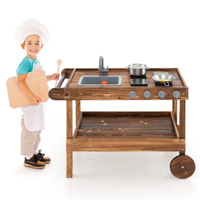 Infans Kids Wooden Mud Play Kitchen Cart w/ Sink, 4 Stoves & Storage Shelf Natural