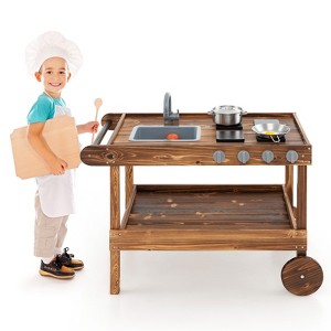 Infans Kids Wooden Mud Play Kitchen Cart w/ Sink, 4 Stoves & Storage Shelf Natural - 1 of 4