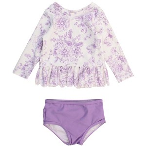 RuffleButts Girls UPF50+ Sun Protected Scallop Hem Long Sleeve Rash Guard Bikini - 1 of 4