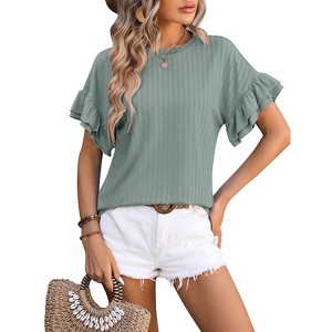 Clearlove Womens Summer Tops Crew Neck Ruffle Short Sleeve Pleated T Shirts Babydoll Blouses Casual Dressy Textured - 1 of 4