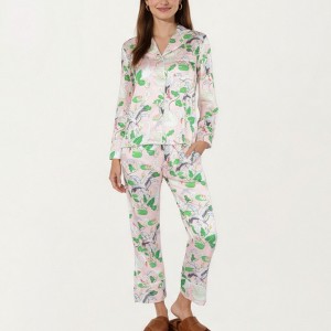 Anna-Kaci Lounge Women's 2-Piece Set Long Sleeve Button Front Pajama Set with Crane Print and Soft Silky Fabric for Relaxed Comfort - 1 of 4