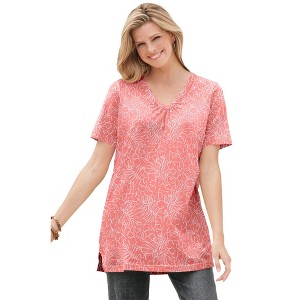 Woman Within Perfect Printed Short-Sleeve Shirred V-Neck Tunic - 1 of 4