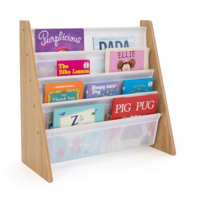 Humble Crew Inspire Wooden Bookshelf for Children, 4 Tier Book Storage Shelf with Deep Fabric Pockets, 3 Collapsable Bin Organisers, Forward Facing main image 0