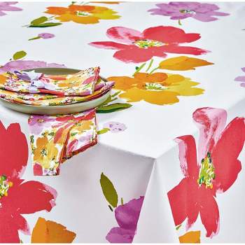TAG Springtime Floral Red Orange Yellow Flower Cotton Tablecloth, 84"L x 60"W