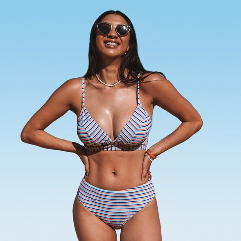 Women's Bubble Stripes Seersucker Top & Mid Rise Hipster Bikini Set  Swimsuit - Cupshe-XL-Multicolored