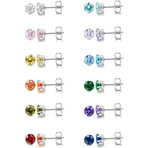 12 Pairs Stainless Steel Stud Earrings: Brilliant Round CZ & Birthstone Designs for Women - 1 of 4