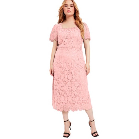 June + Vie By Roaman's Women's Plus Size Square-neck Lace Jessica Dress,  18/20 - Soft Blush : Target