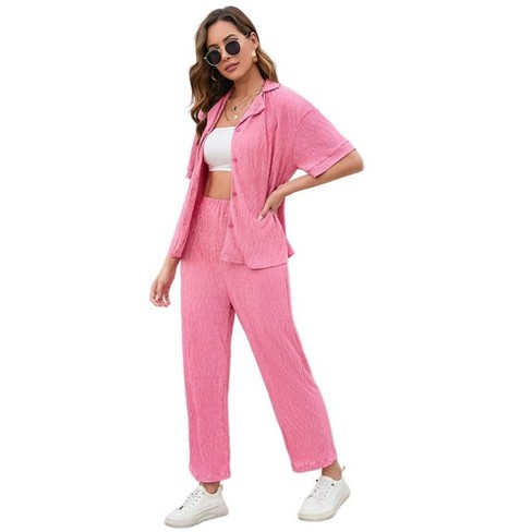 Womens Two Piece Plisse Set Button Down Pajama Sets Summer Textured Top And Pants Casual Lounge Set Pink Xl Target