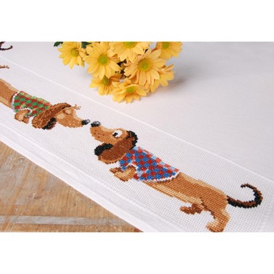 Vervaco Stamped Tablecloth Embroidery Kit 32"X32"-Dachshunds (10.5 Count)
