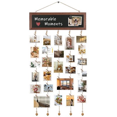 NewHome"Wooden Hanging Photo Frame with String Ropes, 30 Clips & Writable Blackboard for Wall Decor"Brown