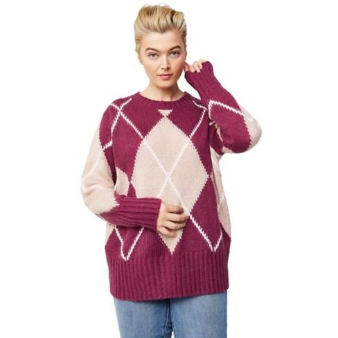 Ellos Women's V-Neck Argyle Sweater Pullover 