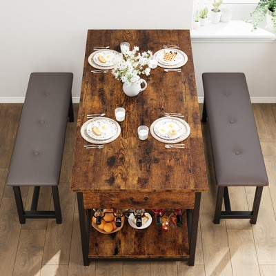 COZONY 3-Piece Dining Table Set for 4 - Rustic Kitchen Table with 2 Benches & Storage, Metal Frame, Small Space