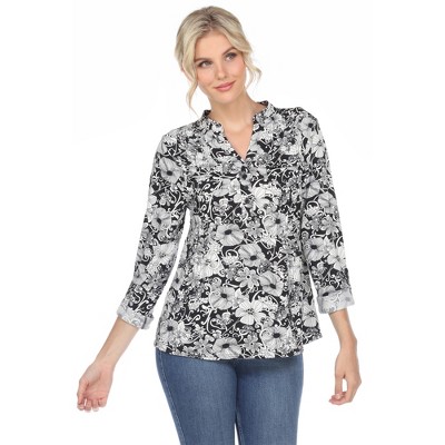 Women's Pleated Casual Floral Blouse Black Small - White Mark : Target