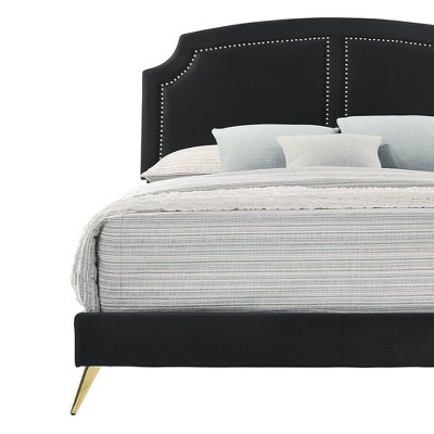 Elegant Black Velvet King Bed with Gold Nailhead Trim