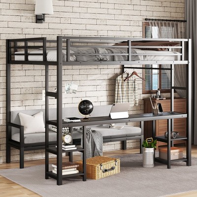 NicBex Twin XL Loft Bed with Desk and Shelves,Multiple Uses Folds into Sofa with LED and USB,Metal Bunk Bed for Teens,Adults,Black