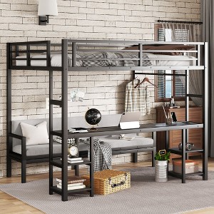 NicBex Twin XL Loft Bed with Desk and Shelves,Multiple Uses Folds into Sofa with LED and USB,Metal Bunk Bed for Teens,Adults,Black - 1 of 4