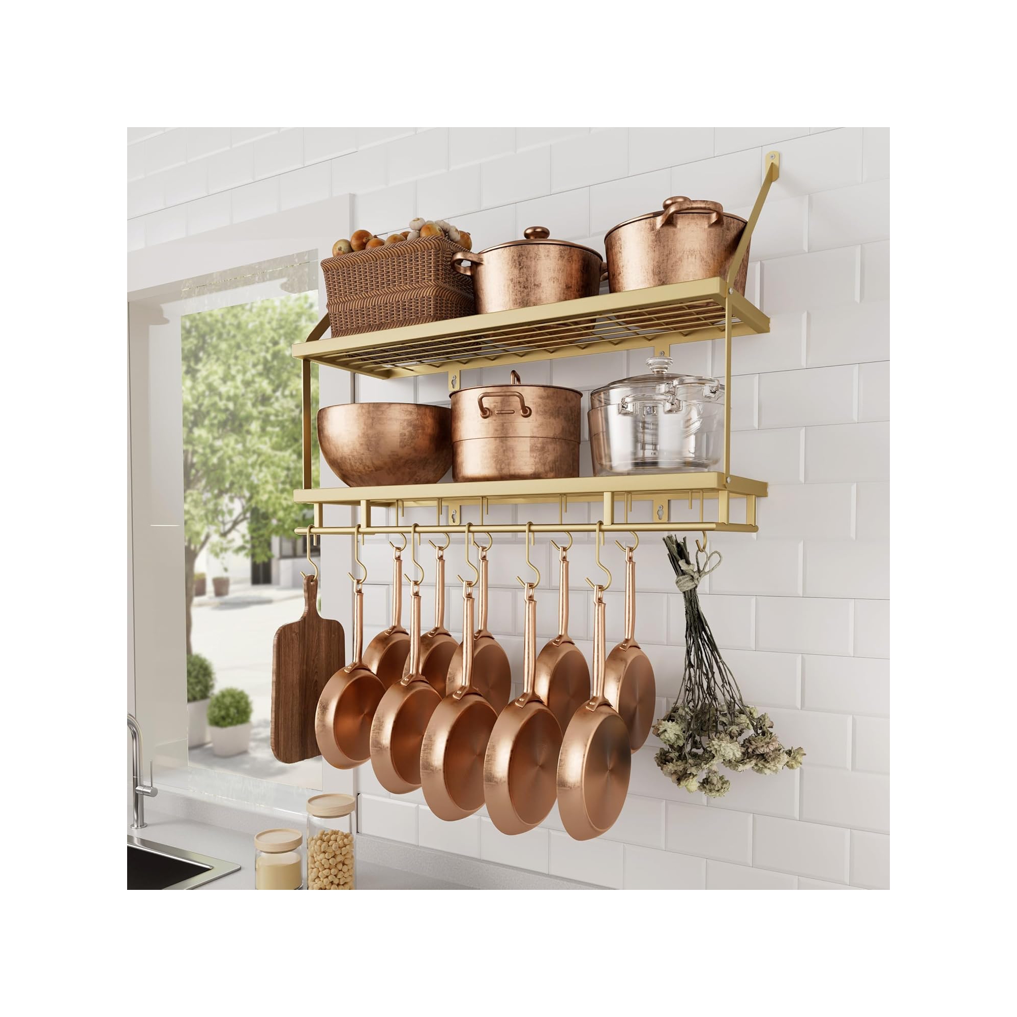 2-Tier 30-Inch Gold Wall Mounted Pot Pan Organizer - 12 Hooks Elegant Modern Kitchen Rack Gold 9.84*29.9*20.5