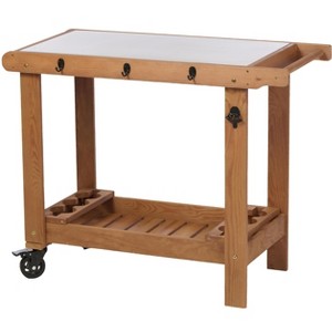 Outdoor Wooden Garden Cart Table with Wheels, Metal Top and Storage Hook, for Patio Backyard Garden - 1 of 4
