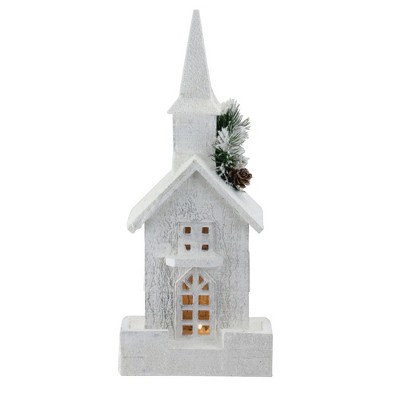 Northlight 16.5" White and Green LED Lighted Snowy Church Christmas Decor