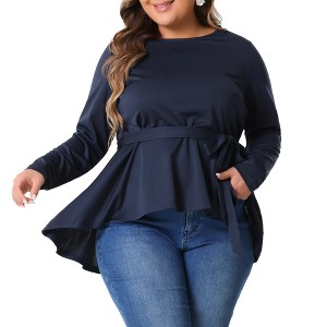 Agnes Orinda Women's Plus Size Crew Neck Long Sleeve High Low Asymmetrical Hem with Belt Blouses - 1 of 4
