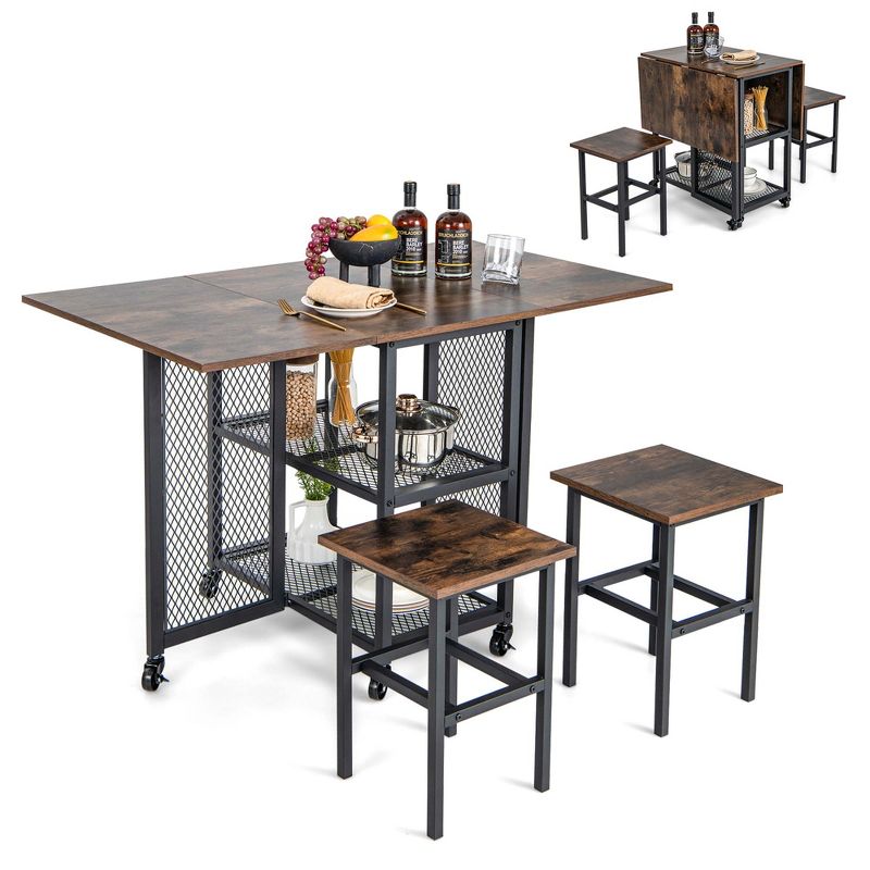 Costway 3-Piece Foldable Dining Table Set Drop Leaf Expandable Dining Table & 2 Stools, 1 of 4